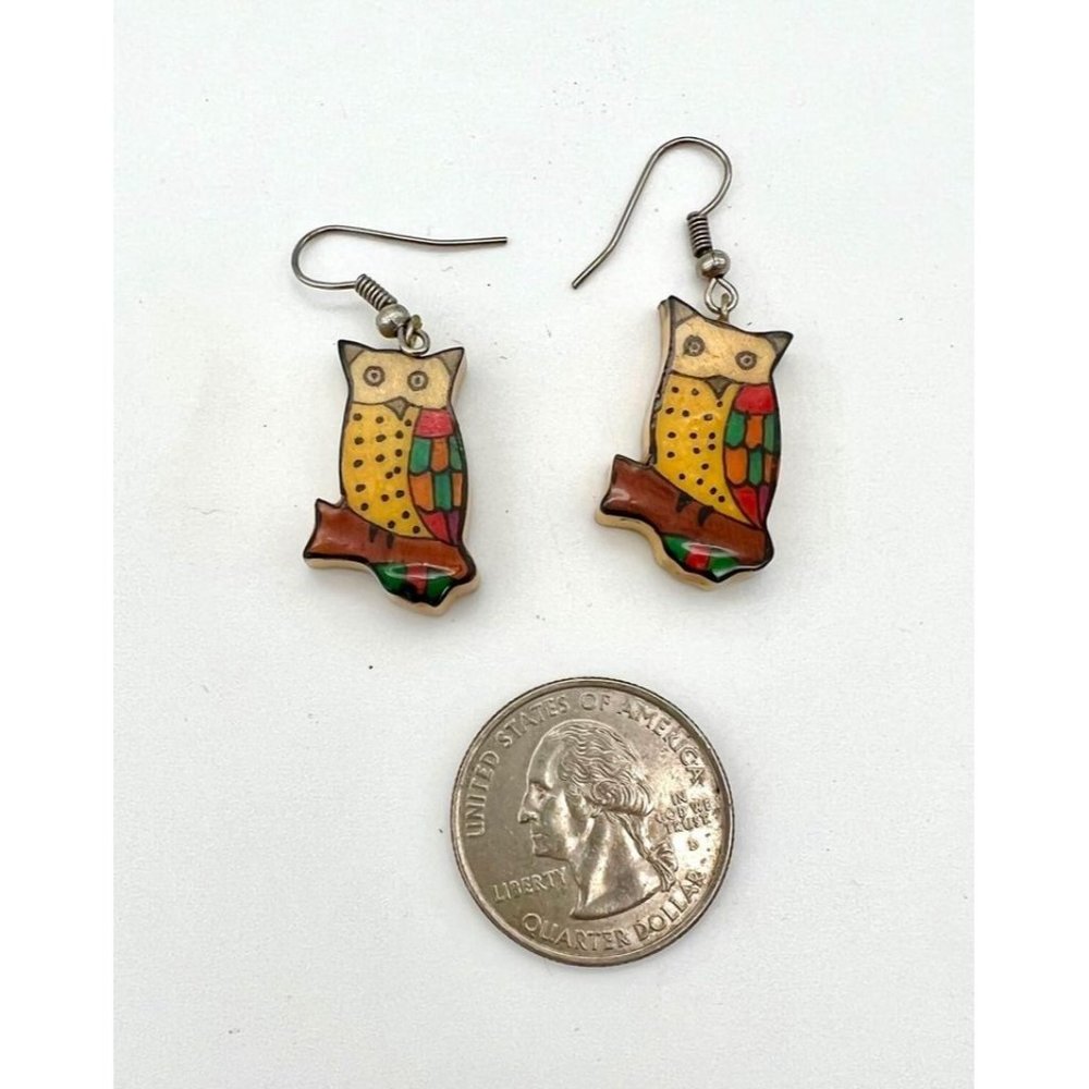 Wooden Colorful Owl Earrings Lightweight Whimsical - Picture 3 of 4